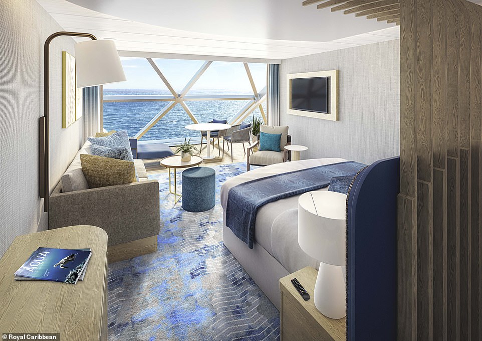 Above is a Sky Junior Suite on the vessel. Other room options include the 'Surfside Family Suite', with alcoves for kids 'tucked away from the adults' and 'Panoramic Ocean View' quarters