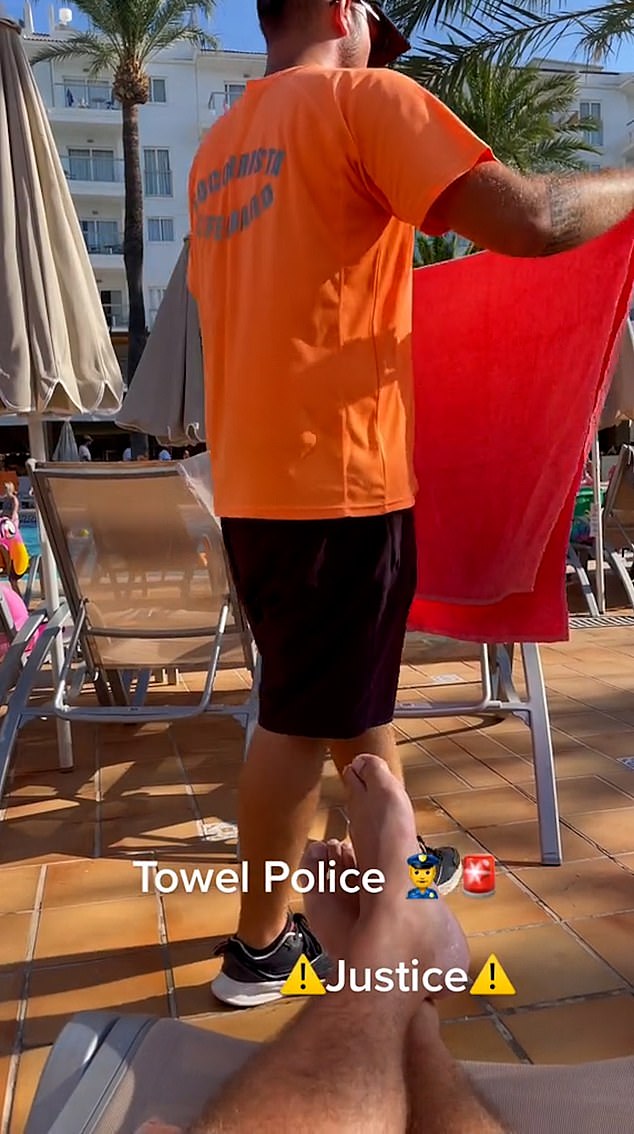 The 'towel policeman' can be seen shoving all the holidaymakers' belongings into plastic bags