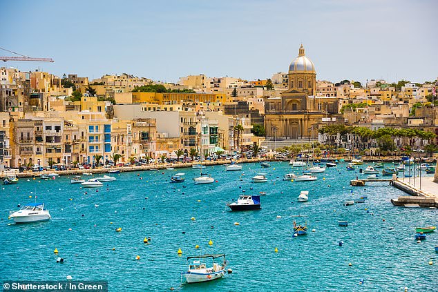 Carlton says of the moment he reached his final destination: 'Valetta’s medieval fortifications were floodlit, making for an impressive arrival'
