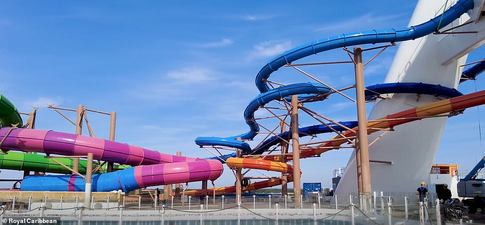 Incredible video footage spins around the multi-coloured slides on the upper deck of the vessel, which are among some of the standout features on board