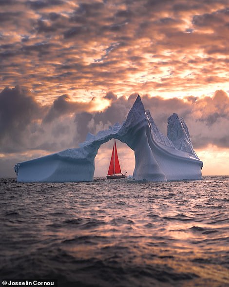 In this striking shot, a sailboat can be seen 'gliding through the Arctic waters' off the coast of Greenland. In capturing the photograph, Cornou spent time on 'cold, slippery' boat decks and faced 'constantly changing conditions', but he says that 'witnessing the sunrise and sunset against a backdrop of stunning, towering icebergs made it all worth it'