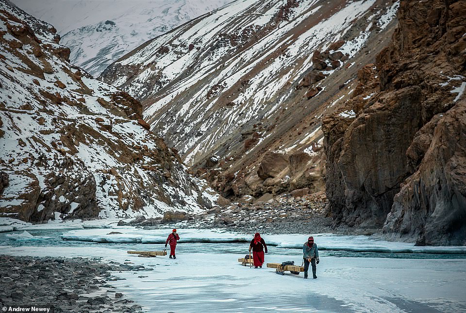 During the winter when the rivers are frozen, the monks are able to easily transport vital supplies to the remote Phugtal Monastery using wooden sledges