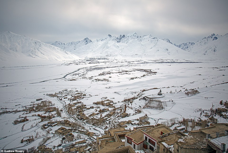 Travel photographer Andrew Newey travelled to Zanskar, an ultra-remote Himalayan valley region in northern India. Above is the breathtaking view over the Zanskar Valley from the region's Karsha Monastery. Padum, Zanskar's main town, can be seen in the distance