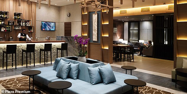 Enjoy the snazzy interiors of Plaza Premium's lounges, which are priced from £44 for two hours. Above is Heathrow Terminal 2's Plaza Premium lounge