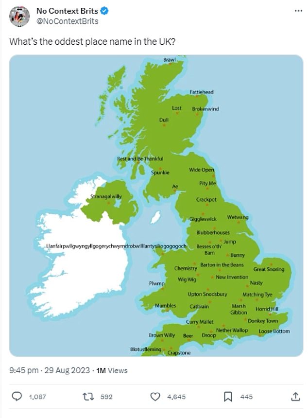 The X (formerly known as Twitter ) account, No Context Brits, has shared a map highlighting the oddest place names Britain has to offer - and with most of them, sounding inappropriate, it did not disappoint