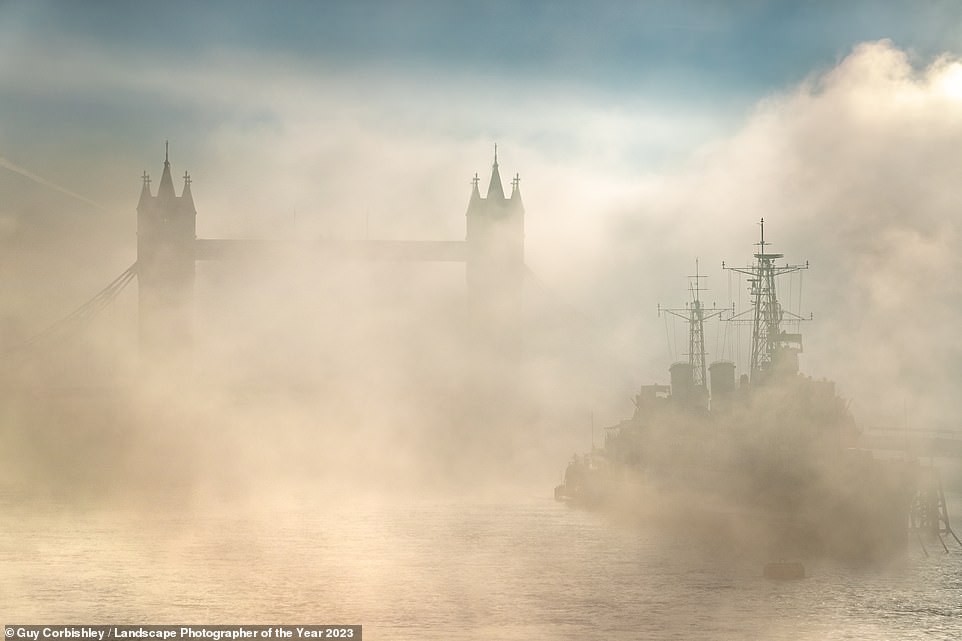This atmospheric shot, captured by Guy Corbishley, shows early morning mist over the River Thames, 'abstracting London Tower Bridge and HMS Belfast'. The picture is commended in the Cityscapes category