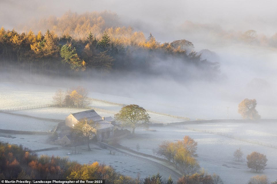 Martin Priestley captured this wintry scene, which is highly commended in the Classic View category. Titled 'Dales Mist', it shows the view from a hill known as Beamsley Beacon on the edge of the Yorkshire Dales National Park. Martin says he likes the way the building in the frame 'was highlighted by the sunlight, and also framed with autumnal trees'