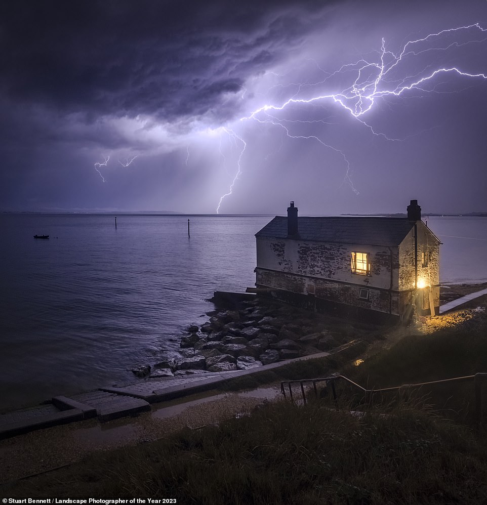 Lightning strikes the Solent, a strait between the Isle of Wight and mainland Britain, in this vibrant image, captured from the hamlet of Lepe along the Hampshire coast. Photographer Stuart Bennett comments: 'The old boathouse at Lepe looks out towards the Isle of Wight with a storm overhead. A brief lull in the torrential rain allowed me to capture a shot that I'd been thinking about for a few years.' He says that 'fighting the wind and the rain' proved the most challenging part of capturing this shot. The picture is commended in the Coastal category
