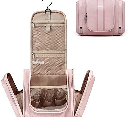 BAGSMART Toiletry Bag for Women, Travel Toiletry Organizer with hanging hook, Water-resistant Cosmetic Makeup Bag Travel Organizer for Shampoo, Full-size Container, Toiletries, Pink-Medium