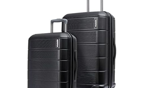 American Tourister Stratum 2.0 Hardside Expandable Luggage with Spinners, Jet Black, 2PC SET (Carry-on/Medium)