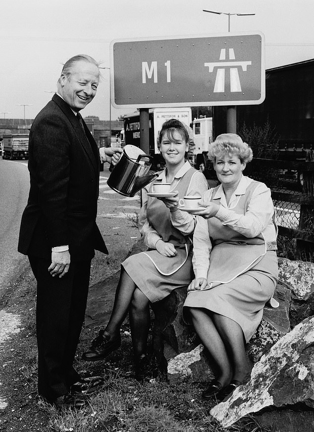 In 1993, the cafe at the services was awarded for making what was deemed to be the best cup of tea available at any motorway stop off in Britain. Above: The director of the Tea Council pouring a cuppa for award winners Lynanne Bamford and Shirley Milne, of the Blue Boar at Watford Gap