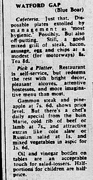 A review of Watford Gap's services in the Daily Mail in 1968