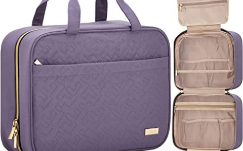 NISHEL Travel Toiletry Bag for women, Portable Hanging Organizer for Full-Sized Shampoo, Conditioner, Brushes Set, Travel-Size Accessories, Purple