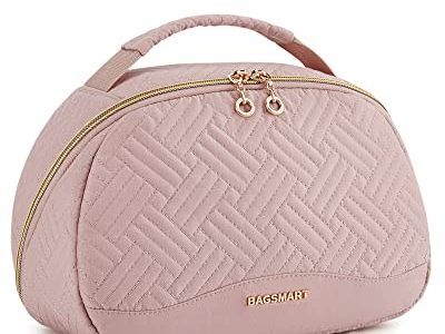 BAGSMART Travel Toiletry Bag for Women, Extra Large Opening Toiletry Bag, Water-resistant travel essentials, Double-way Zippers Cosmetic Makeup Bag with Carry Handle, Toiletry Travel Bag-Pink