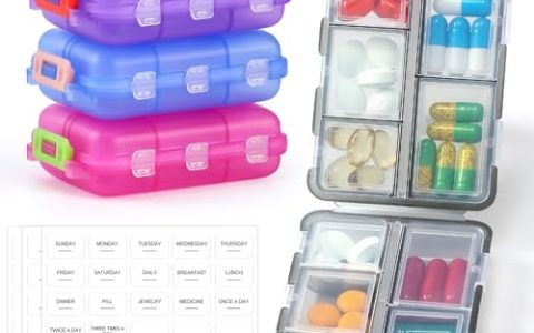 4 Pack Small Travel Pill Organizer for Purse, Pocket, Bag – 10 Compartments Pill Holder Box, Handy Medicine Container – Portable Mini Pharmacy for Weekly Daily Travel – BPA Free Vitamin Fish Oil Case
