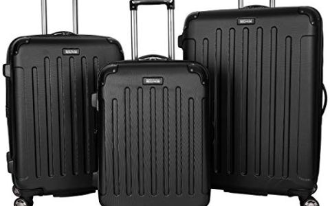 Kenneth Cole REACTION Renegade Luggage Expandable 8-Wheel Spinner Lightweight Hardside Suitcase, Black, 3-Piece Set (20″/24″/28″)