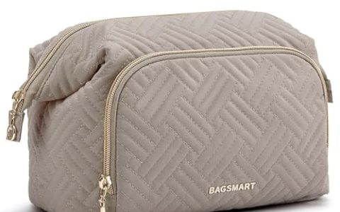 BAGSMART Travel Makeup Bag, Cosmetic Bag Small Make Up Organizer Case,Wide-open Pouch for Women Purse for Toiletries Accessories Brushes,Large Tranquil Gray