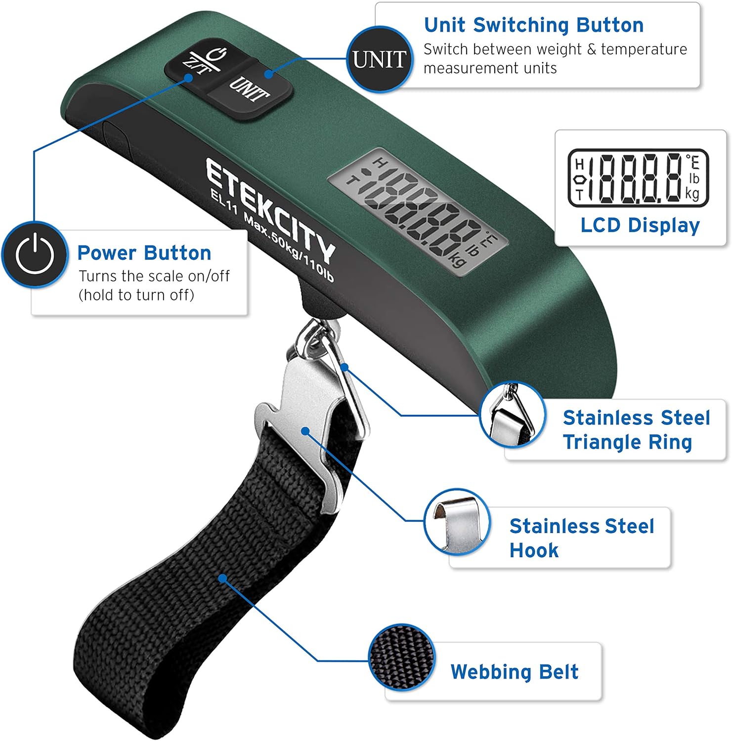 Etekcity Luggage Scale, Suitcase Weight Scale with Hook for Travel Essentials, Digital Portable Hand Hanging Weigher for Bag Tags, 110 Pounds, Heavy Duty, Battery Included