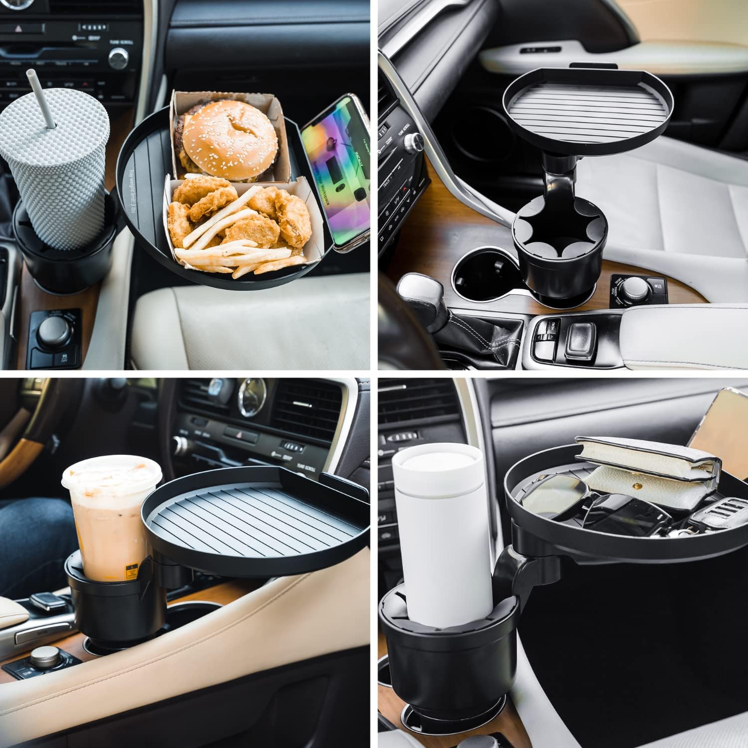 Macally Cup Holder Tray for Car - Adjustable Car Tray Table - Perfect Car Food Tray for Eating with Phone Slot and Swivel Arm - Car Organizer