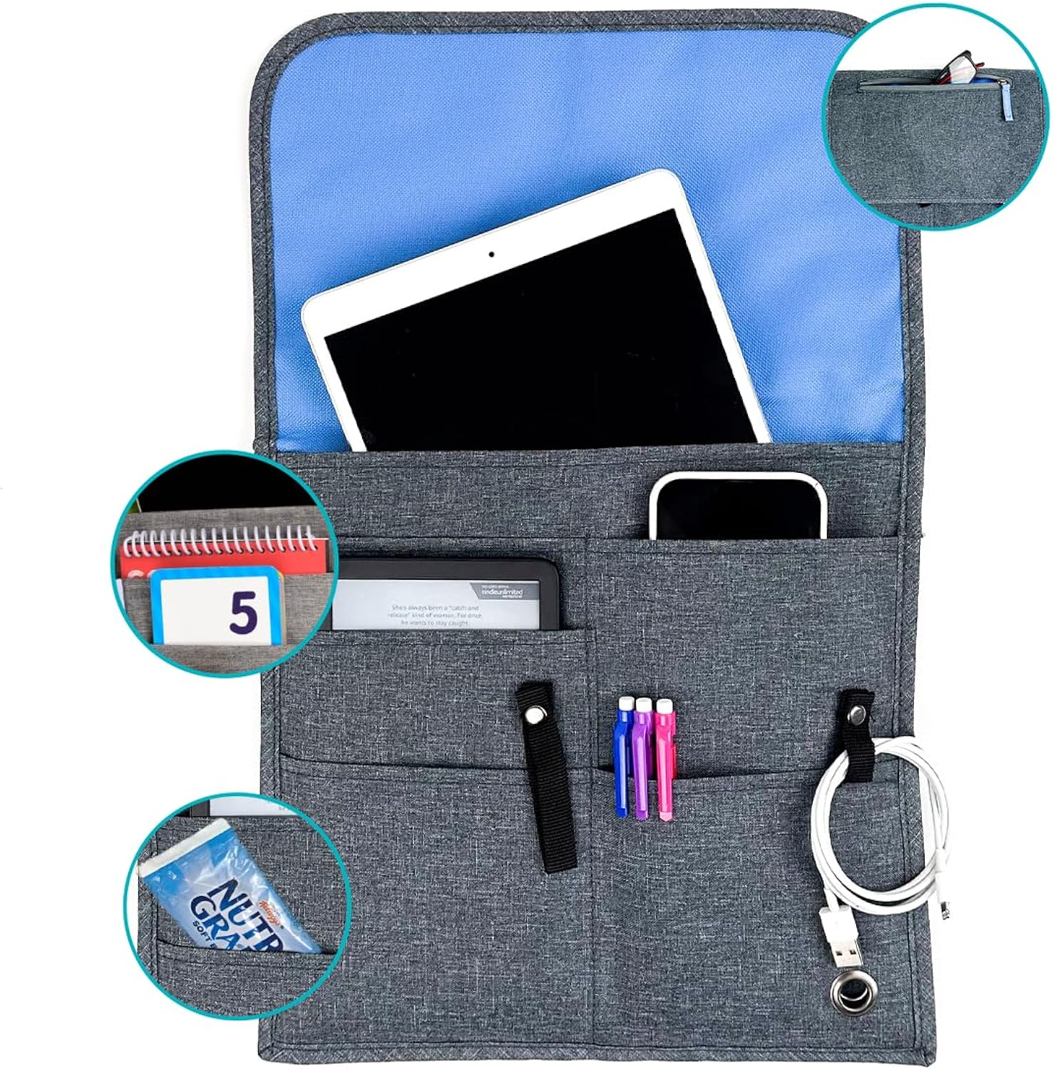 Airplane Pocket Organizer | Tray Table Cover | In Flight Seat Back Organizer Bag | Commuter Essential Travel Bag | Media Pouch For Flying | Travel Gift | Attaches To Luggage