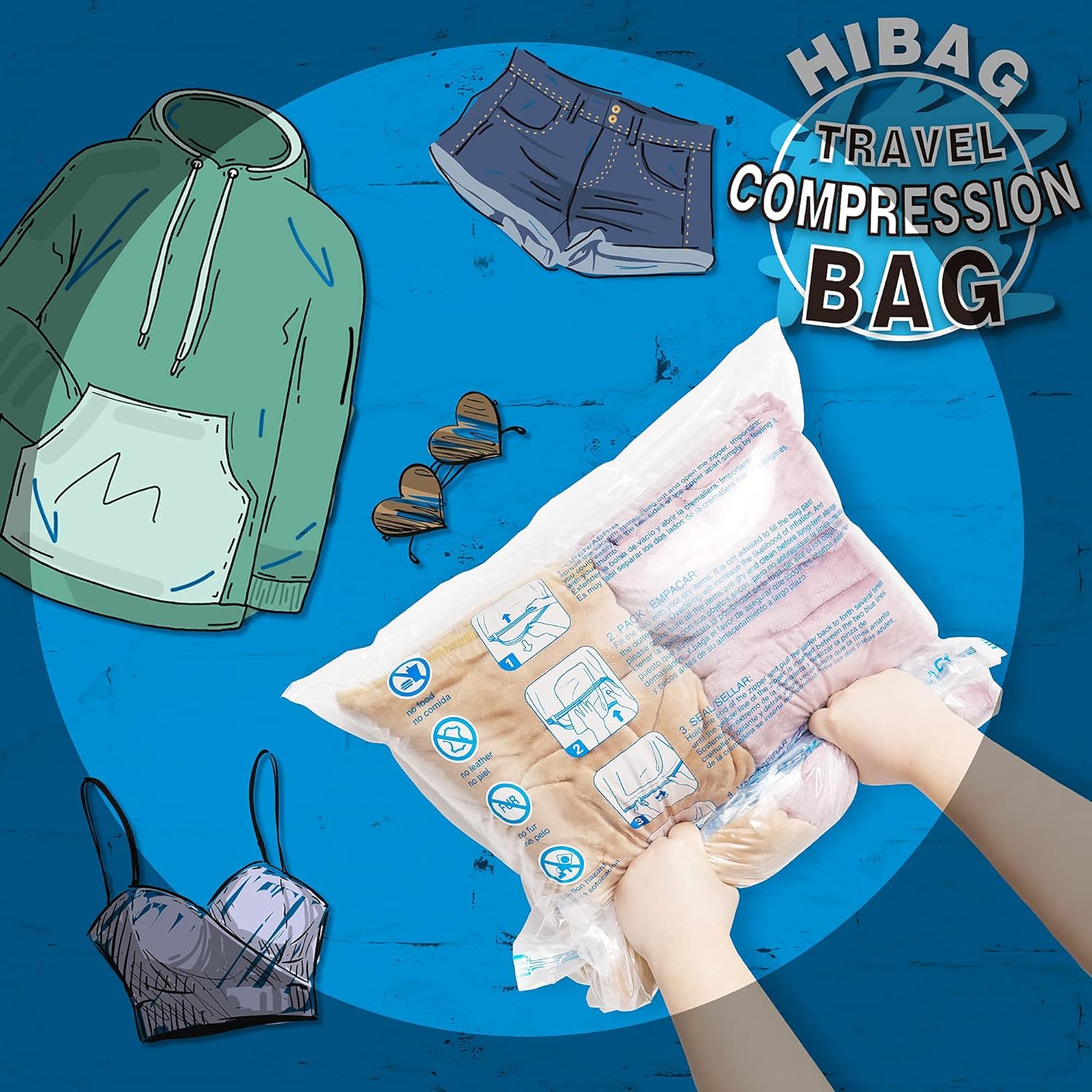 HIBAG 12 Compression Bags for Travel, Travel Essentials Compression Bags, Vacuum Packing Space Saver Zipper Bags for Cruise Travel Accessories (12-Travel)