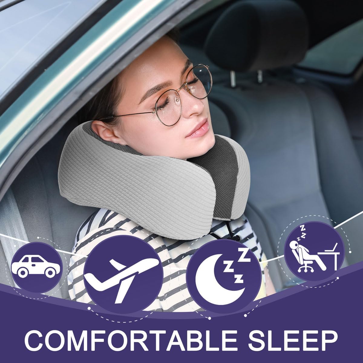 napfun Neck Pillow for Traveling, Upgraded Travel Neck Pillow for Airplane 100% Pure Memory Foam Travel Pillow for Flight Headrest Sleep, Portable Plane Accessories, Light Grey