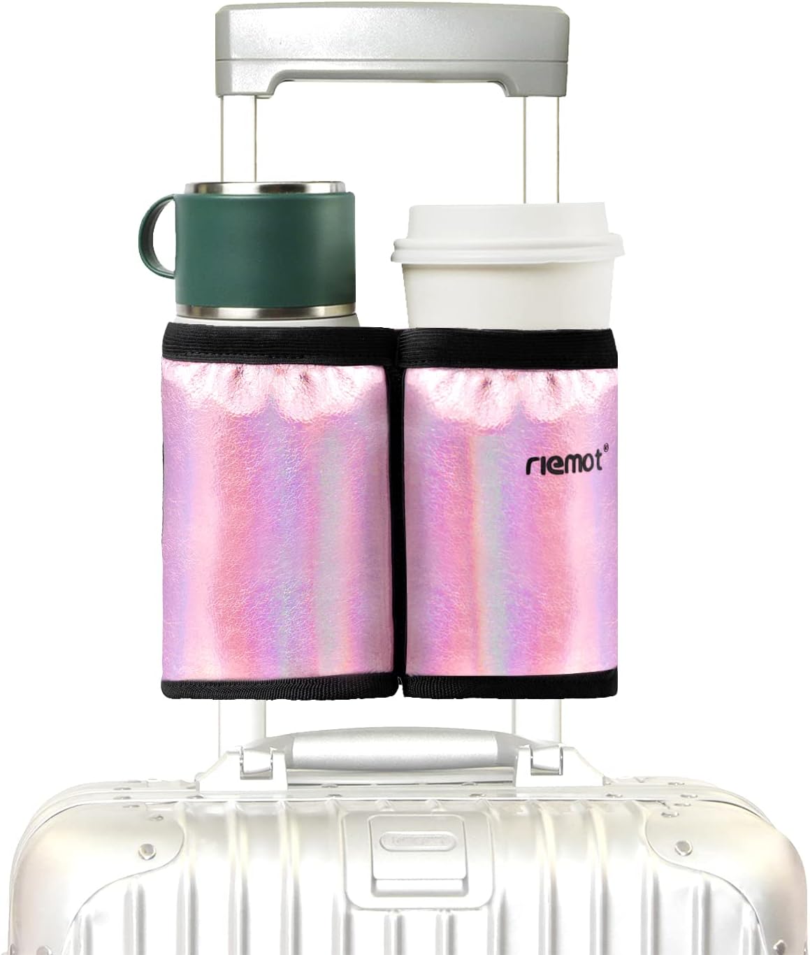 riemot Luggage Travel Cup Holder Free Hand Drink Carrier - Hold Two Coffee Mugs - Fits Roll on Suitcase Handles - Gifts for Flight Attendants Travelers Accessories Grey